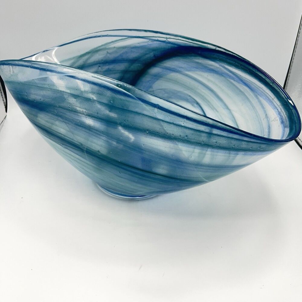14"x7" Oval Blue Folded Satin Glass Bowl Lines Swirls - Picture 3 of 16